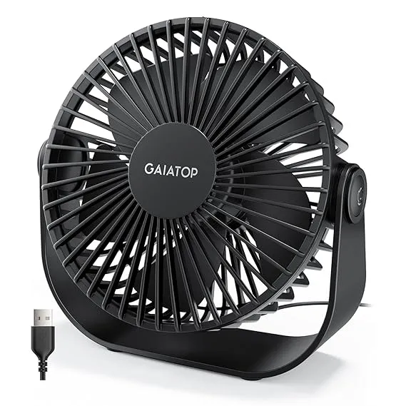 Gaiatop USB Portable Desk Fan, 3 Speeds, Quiet, Small Personal Cooling Table Fan with Strong Airflow For Bedroom Home Office Desktop Travel, 90° Rotate, Black, 5.5 inches