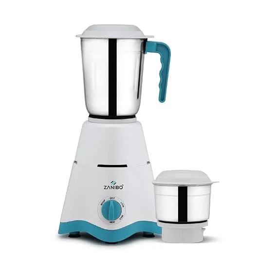 ZANIBO Crown MG Mixer Grinder, 500W Power with Mixer Jars and 3 Versatile Stainless Steel Jars, Blue and White Design, Ideal for Grinding and Mixing Efficient Kitchen Appliance White