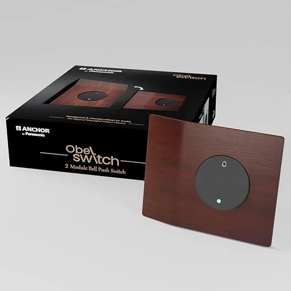 ANCHOR by Panasonic Obel Bell Switch | 6A 2 Module Door Bell Push Switch with Indicator | (N.E.W.S Royal Oak, 8429), 1_Way, Black Brown