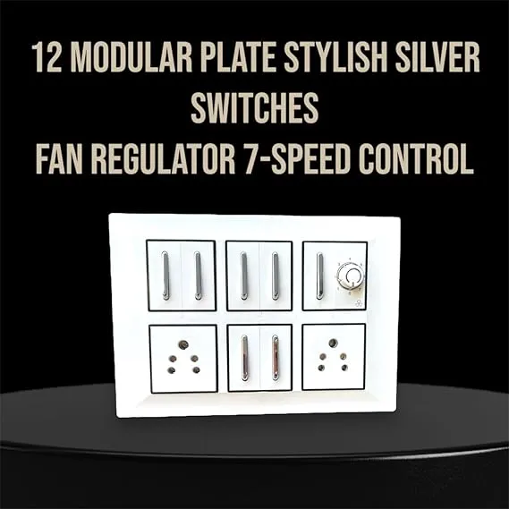 Stylish 12 Modular White Plate Set with 2 Sockets, 1 Regulator, and 7 Silver Switches