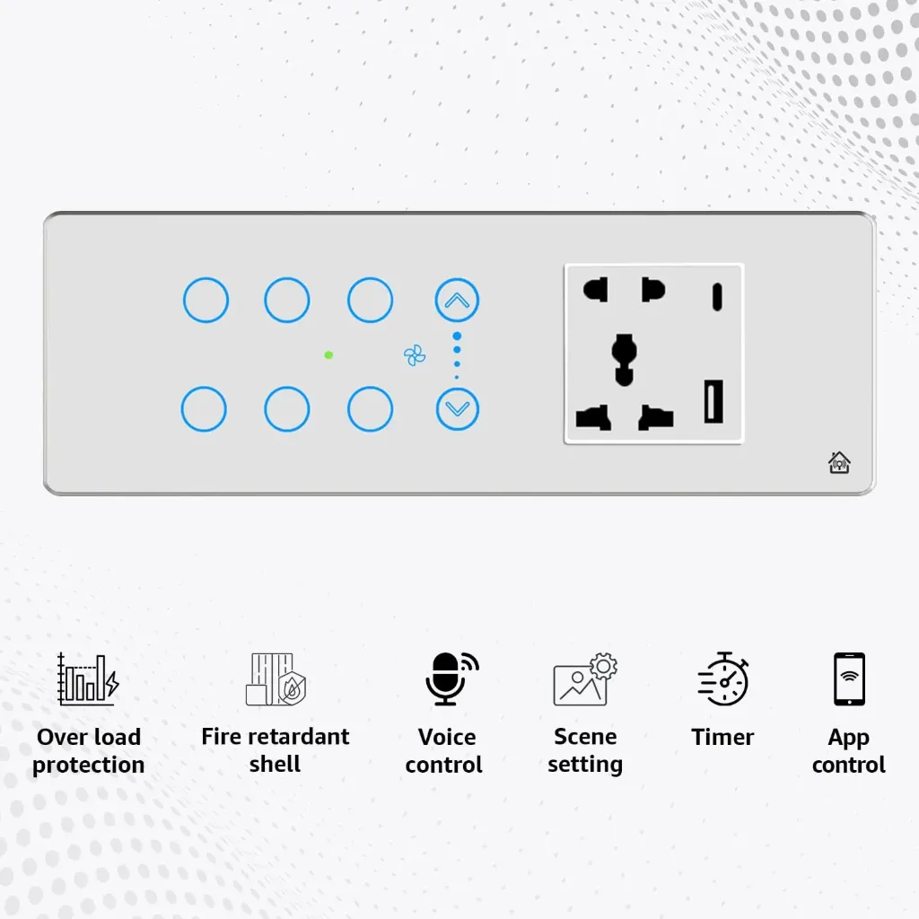 HomeMate Smart Touch Switch Panel (White) with Silver Bezel | Edge Series | 6 Switch, 1 Fan & 1 Socket with Quick Charge USB's |Compatible with 6/8 Gang Box| Works with Alexa, Google Assistant & Siri